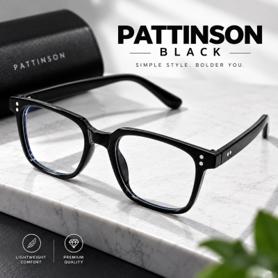 Pattinson Black Retro Geometric Eyeglass Frames – Unisex Vintage Nerd Style Prescription Optical Glasses with Imported Sheet Material, Protective Case & Cleaning Cloth Included